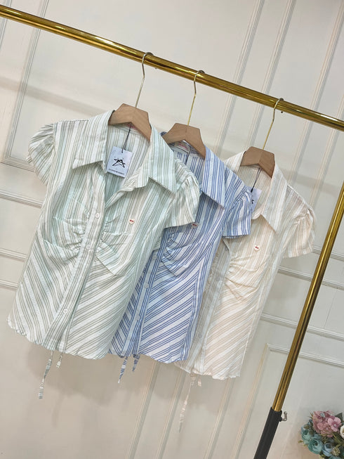 Puff Short Sleeves Collar Down Fitted Tops